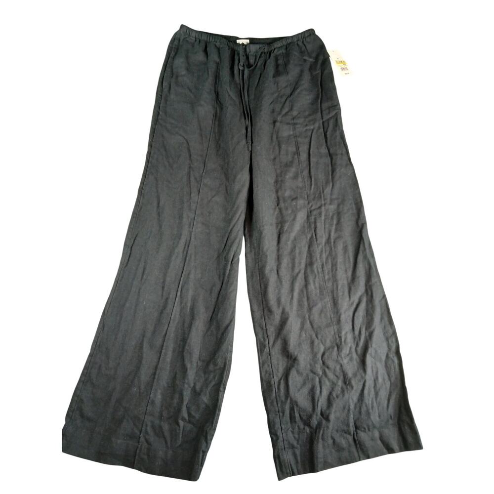 A New Day Pants Womens Medium Black Linen Blend Wide Leg Baggy High Waisted NWT